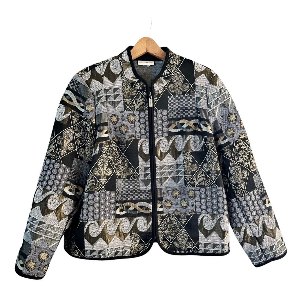 PRESWICK & MOORE Tapestry Jacket Black Gold Silver Full Zip Long Sleeves XL EUC